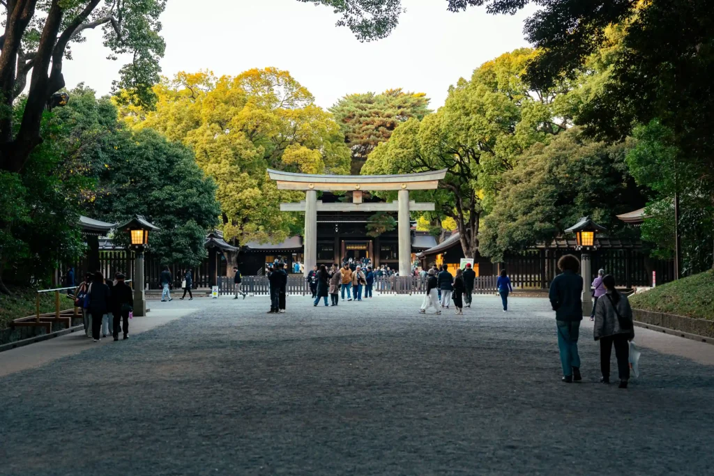 Visitors walking along a wide gravel path toward a massive wooden torii gate at the entrance of Meiji Jingu Shrine, surrounded by a dense green forest.